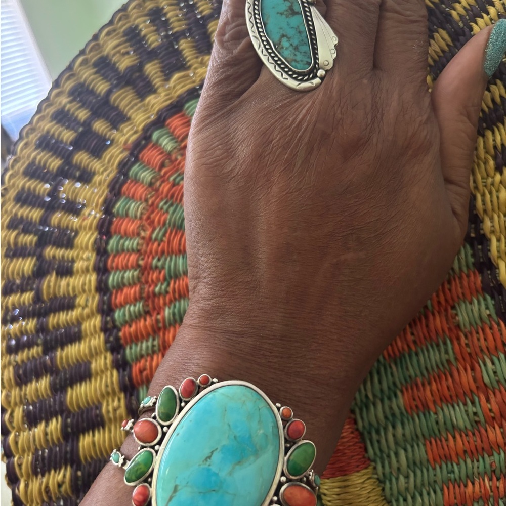 Blue and Orange Statement Cuff Bracelet with Turquoise/wt turquoise ring - Picture 10 of 11